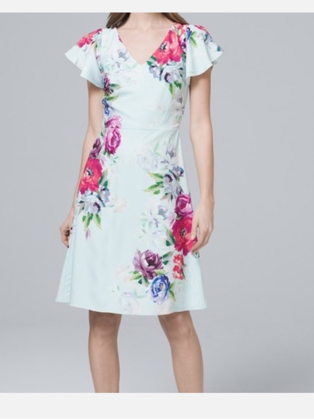 White House Black Market Floral V-Neck Flutter Sleeve Dress in Light Blue